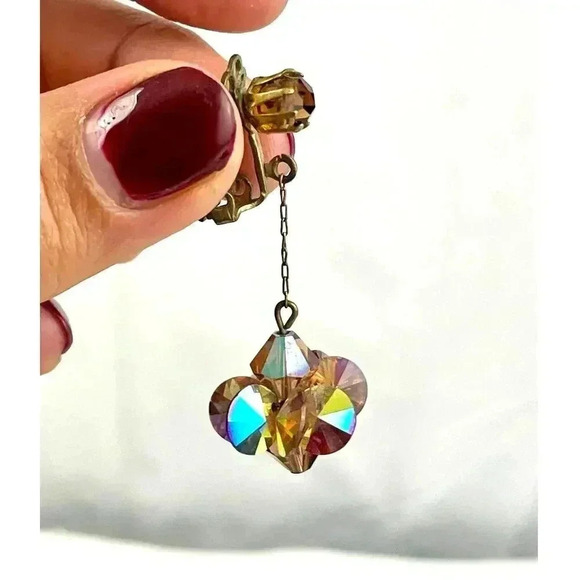 VTG Crystal Dangle Iridescent Clip on Earrings Bronze - Picture 2 of 13
